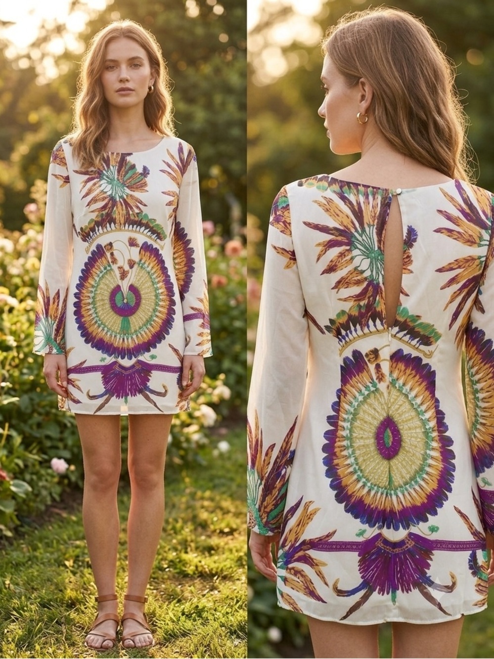 Cream Bohemian Floral Print Long-Sleeve Mini Dress